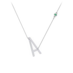 Asymmetrical Initial Necklace with Gemstone in 925 Sterling Silver with Emerald