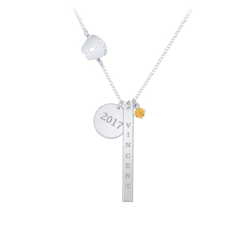 Milestone Necklace with Baby Feet Charm – Sterling Silver with Citrine