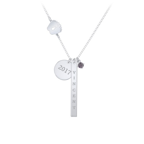 Milestone Necklace with Baby Feet Charm – Sterling Silver with Alexandrite