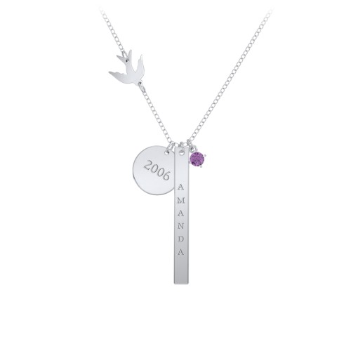 Milestone Necklace with Bird Charm – Sterling Silver with Amethyst