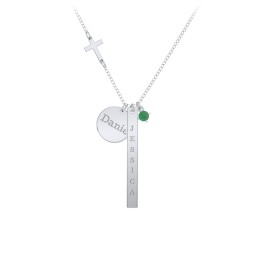 Milestone Necklace with Cross Charm in 925 Sterling Silver with Emerald