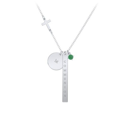 Milestone Necklace with Cross Charm – Sterling Silver with Emerald