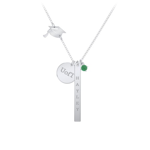 Milestone Necklace with Graduation Hat Charm – Sterling Silver with Emerald