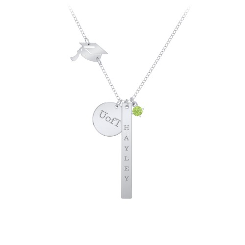 Milestone Necklace with Graduation Hat Charm – Sterling Silver with Peridot