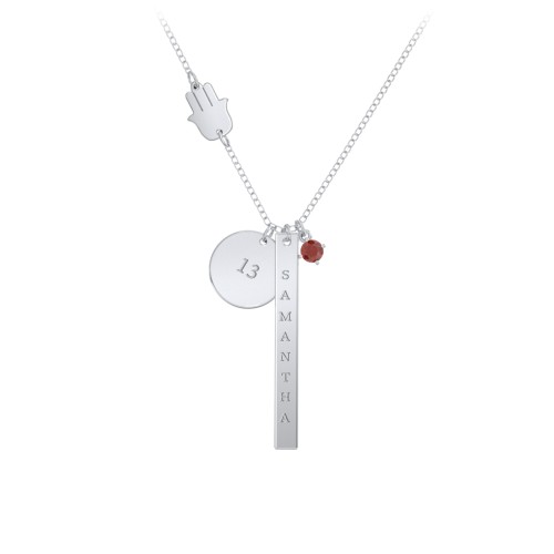 Milestone Necklace with Hamsa Charm – Sterling Silver with Garnet