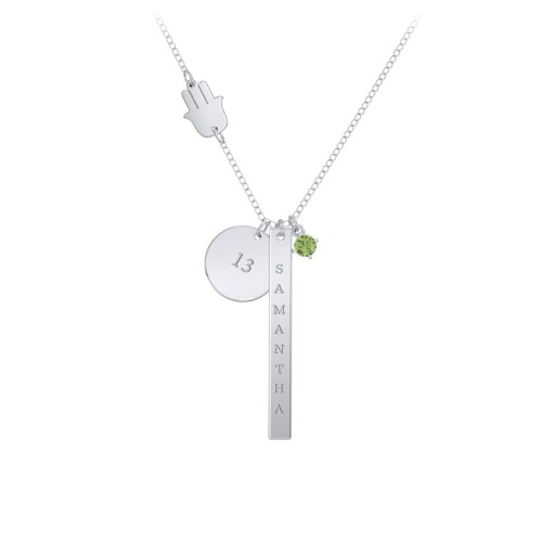 Milestone Necklace with Hamsa Charm – Sterling Silver with Peridot