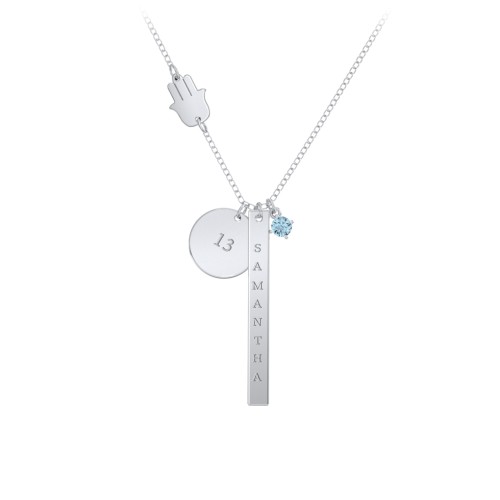 Milestone Necklace with Hamsa Charm – Sterling Silver with Blue Topaz