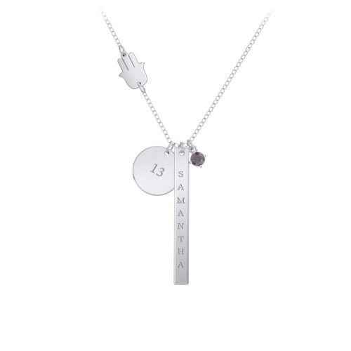 Milestone Necklace with Hamsa Charm – Sterling Silver with Alexandrite