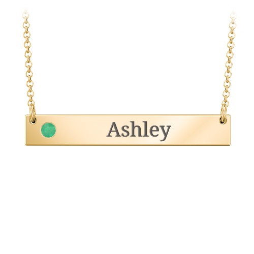 Engravable Birthstone Bar Necklace – 18K Gold Plated Silver with Emerald