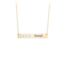 4 Engravable Birthstone Bar Necklace in 18K Gold Plated Silver with Blue Topaz and Amethyst Premium Zirconia
