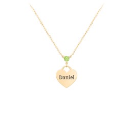 Engravable Heart Necklace with Birthstone in 10K Solid Yellow Gold with Peridot