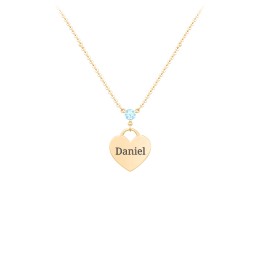 Engravable Heart Necklace with Birthstone in 10K Solid Yellow Gold with Blue Topaz