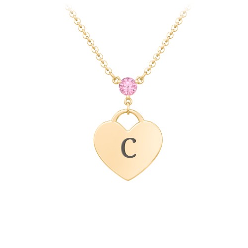 Engravable Heart Necklace with Birthstone – 10K Yellow Gold with Pink Tourmaline