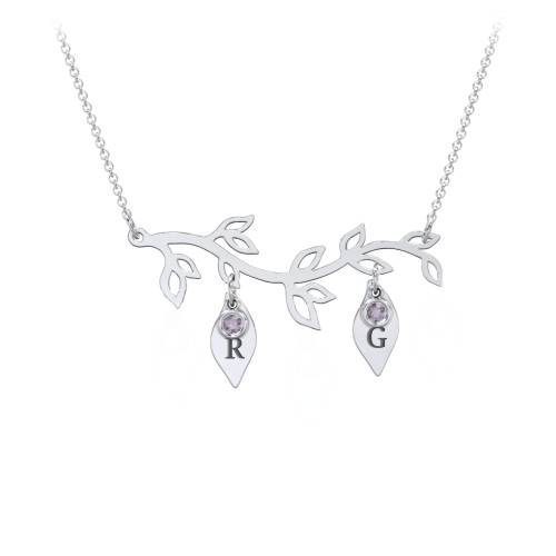 Leaf Initial Family Birthstone Necklace – Sterling Silver with Alexandrite