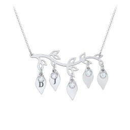 Leaf Initial Family Birthstone Necklace in 925 Sterling Silver with Aquamarine