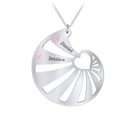 Engravable Spiral Heart Shell Birthstone Necklace in 925 Sterling Silver with Pink Tourmaline, Blue Topaz, and Diamond