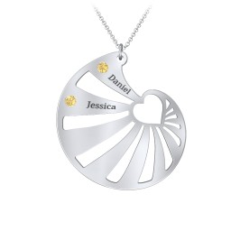 Engravable Spiral Heart Shell Birthstone Necklace in 925 Sterling Silver with Citrine, Blue Topaz, Diamond, and Pink Tourmaline