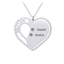 "Mom" Heart Necklace with Row of Birthstones in 925 Sterling Silver with Alexandrite, Citrine, and Red Premium Zirconia