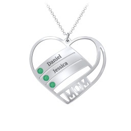 Engravable "Mom" Heart 2-5 Birthstone Necklace in 925 Sterling Silver with Emerald, Blue Topaz, and Pink Tourmaline