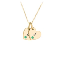 Engravable 2 Sideways Hearts Necklace with Birthstone in 18K Gold Plated Silver with Emerald