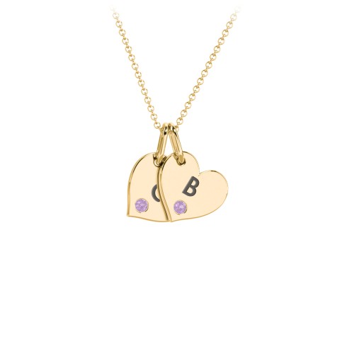 Engravable 2 Sideways Hearts Necklace with Birthstone – 18K Gold Plated Silver with Amethyst