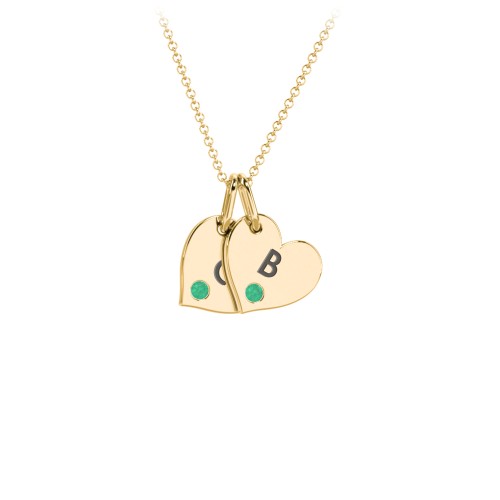 Engravable 2 Sideways Hearts Necklace with Birthstone – 18K Gold Plated Silver with Emerald