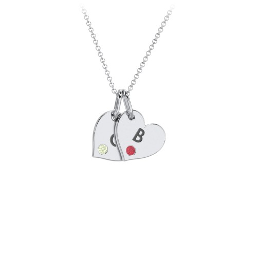 Engravable 2 Sideways Hearts Necklace with Birthstone – Sterling Silver with Peridot and Garnet