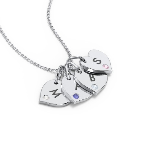 Engravable 4 Sideways Hearts Necklace with Birthstone – Sterling Silver with Cubic Zirconia, Blue Sapphire, Aquamarine, and Pink Tourmaline