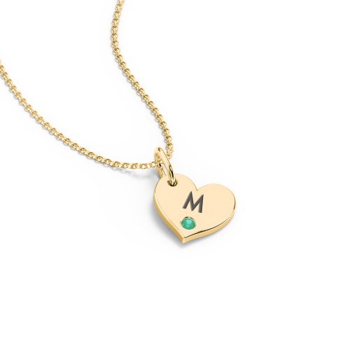 Engravable Sideways Heart Necklace with Birthstone – 18K Gold Plated Silver with Emerald