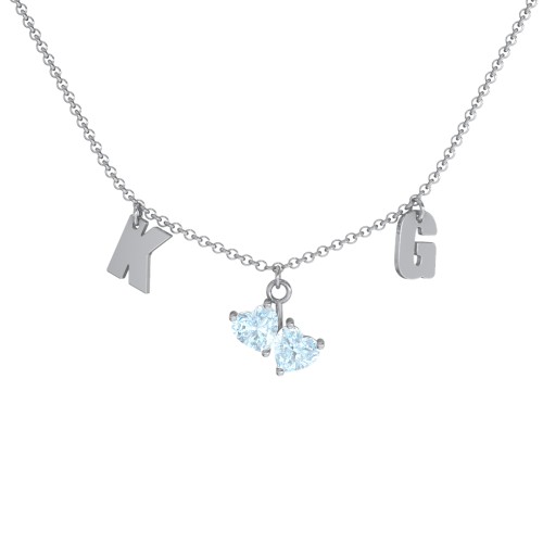Initials Necklace with Double Heart Gemstones – Sterling Silver with Aquamarine