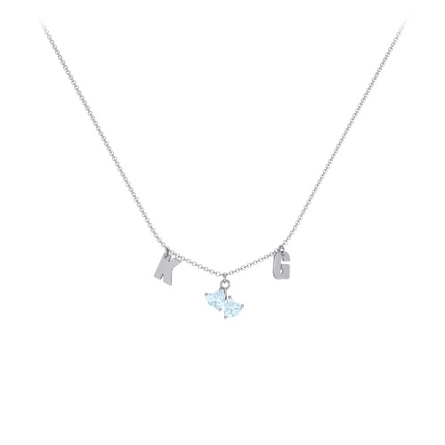 Initials Necklace with Double Heart Gemstones – Sterling Silver with Aquamarine