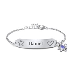 Engraved Heart and Star Baby Bracelet with Birthstone Turtle Charm