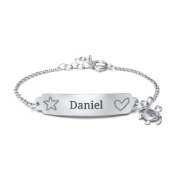 Engraved Heart and Star Baby Bracelet with Birthstone Turtle Charm in 925 Sterling Silver with Alexandrite