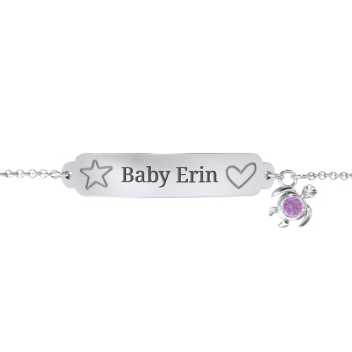 Engraved Heart and Star Baby Bracelet with Birthstone Turtle Charm – Sterling Silver with Amethyst