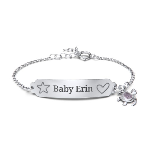 Engraved Heart and Star Baby Bracelet with Birthstone Turtle Charm – Sterling Silver with Alexandrite