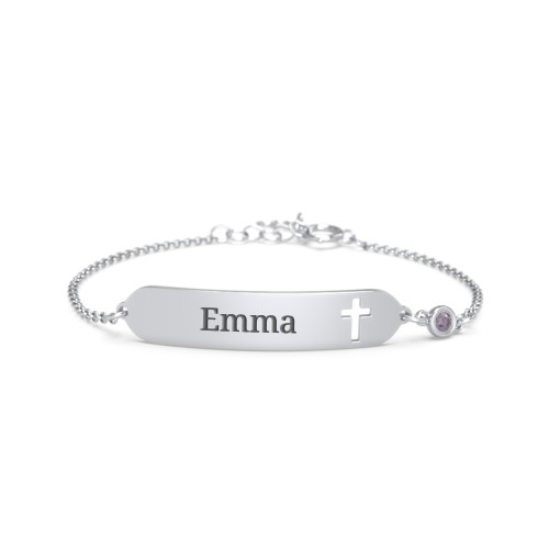 Engravable Small ID Bracelet with Cross and Birthstone – Sterling Silver with Alexandrite