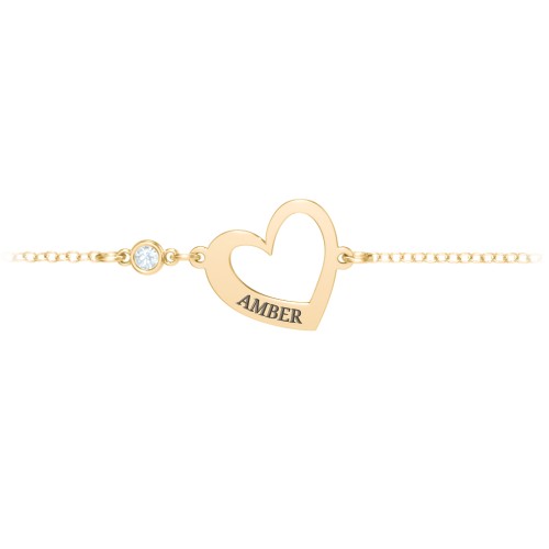 Engravable Open Heart Bracelet with Birthstone – 18K Gold Plated Silver with Aquamarine