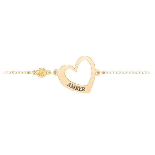 Engravable Open Heart Bracelet with Birthstone – 18K Gold Plated Silver with Citrine