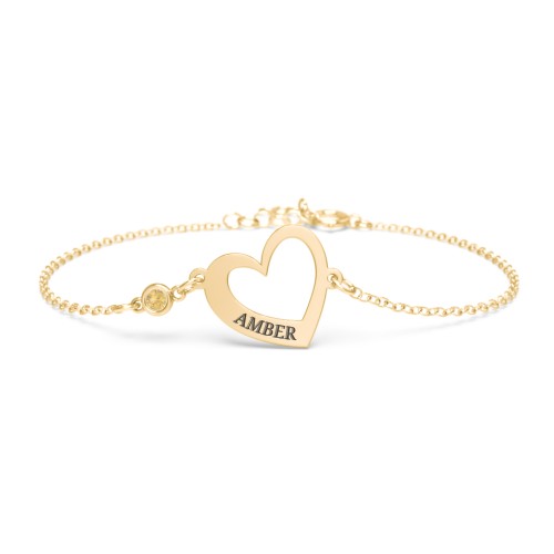 Engravable Open Heart Bracelet with Birthstone – 18K Gold Plated Silver with Citrine