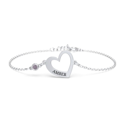 Engravable Open Heart Bracelet with Birthstone – Sterling Silver with Alexandrite