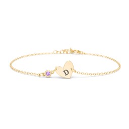 Initial Heart Bracelet with Birthstone in 18K Gold Plated Silver with Amethyst