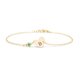 Initial Heart Bracelet with Birthstone in 18K Gold Plated Silver with Emerald