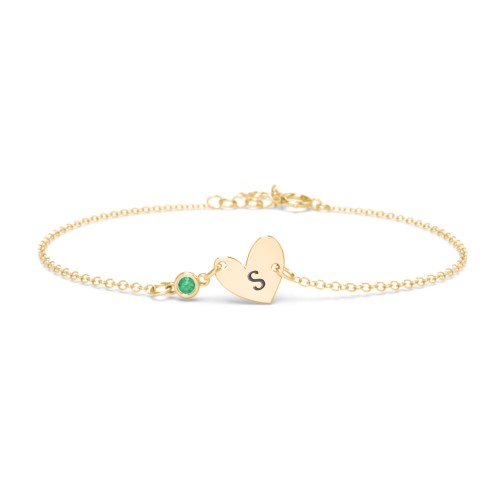 Initial Heart Bracelet with Birthstone – 18K Gold Plated Silver with Emerald