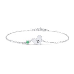 Initial Heart Bracelet with Birthstone in 925 Sterling Silver with Emerald