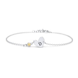 Initial Heart Bracelet with Birthstone in 925 Sterling Silver with Citrine