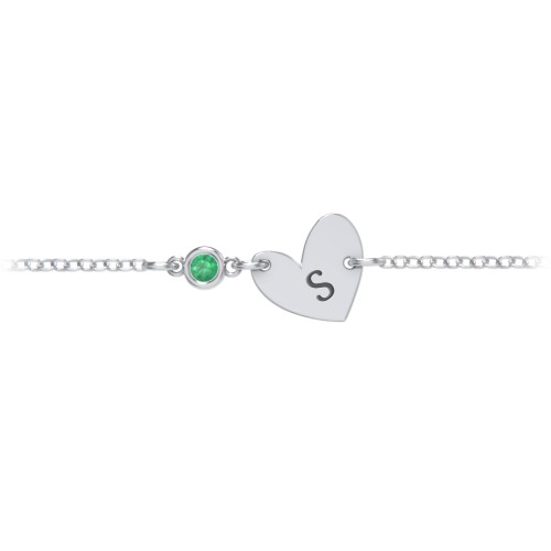 Initial Heart Bracelet with Birthstone – Sterling Silver with Emerald