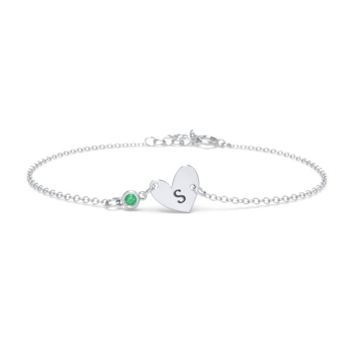 Initial Heart Bracelet with Birthstone – Sterling Silver with Emerald