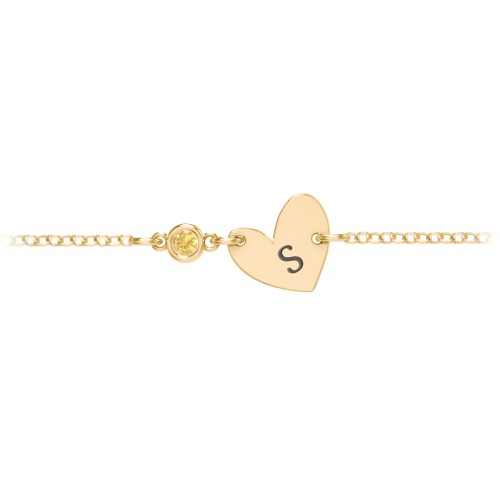 Initial Heart Bracelet with Birthstone – 10K Yellow Gold with Citrine