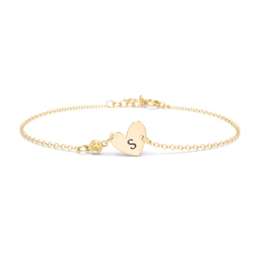 Initial Heart Bracelet with Birthstone – 10K Yellow Gold with Citrine