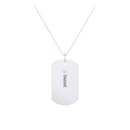 Engravable Dog Tag Necklace with 1 Birthstone in 925 Sterling Silver with Pink Tourmaline